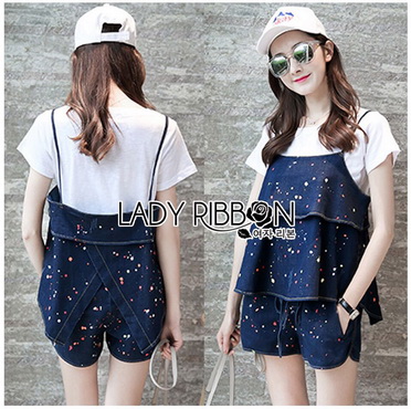 Lady Ribbon Online ขายส่งเสื้อผ้าออนไลน์ของแท้ LR05300616 🎀 Lady Ribbon's Made 🎀 Lady Kate Fashionable Street T-Shirt and Denim Full Set