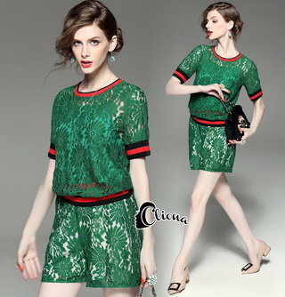 Lady Ribbon Online เสื้อผ้าออนไลน์ขายส่ง Cliona เสื้อผ้า CN06150816 Cliona Made' DG Spring Summer Green Lace Top + Short Set