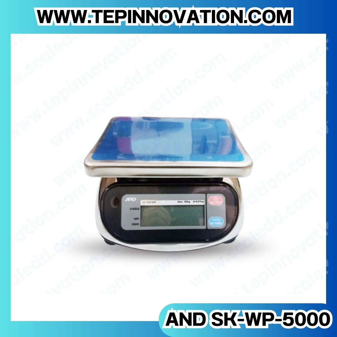 เครื่องชั่งน้ำหนักดิจิตอล5000กรัม เครื่องชั่งกันน้ำ5000g เครื่องชั่งดิจิตอล5000กรัม ตาชั่งกันน้ำ5000กรัม พิกัดน้ำหนัก 5000g ความละเอียด 1g ยี่ห้อ AND รุ่น SK-WP (เครื่องชั่งผ่านตรวจรับรองจากสำนักชั่งตวงวัด)