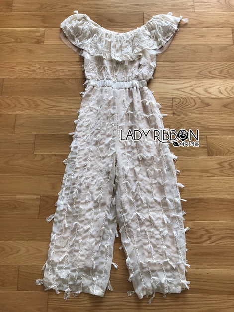 จัมป์สูทผ้าชีฟองตกแต่งลูกไม้ทรงเปิดไหล่