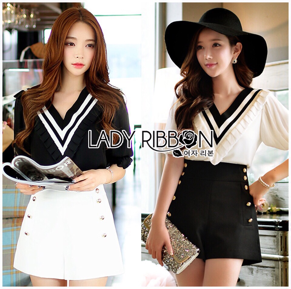Lady Ribbon Online LR02300516 🎀 Lady Ribbon's Made 🎀 Lady Elena Feminine Minimal Ruffle Top and Buttoned Shorts Set เ