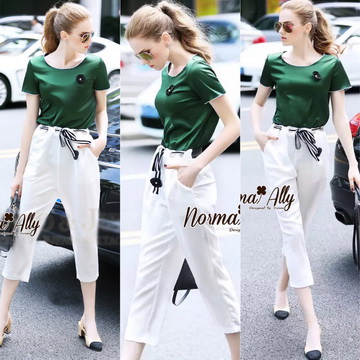 Lady Ribbon Online เสื้อผ้าออนไลน์ ขายส่ง normal ของแท้ NA15140716 🎉Normal Ally Present new summer set casual pant and satin T-shirt