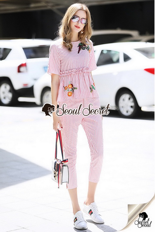 ชุดเซ็ทผ้าจับจีบปักลายนก สีแดงอมชมพู