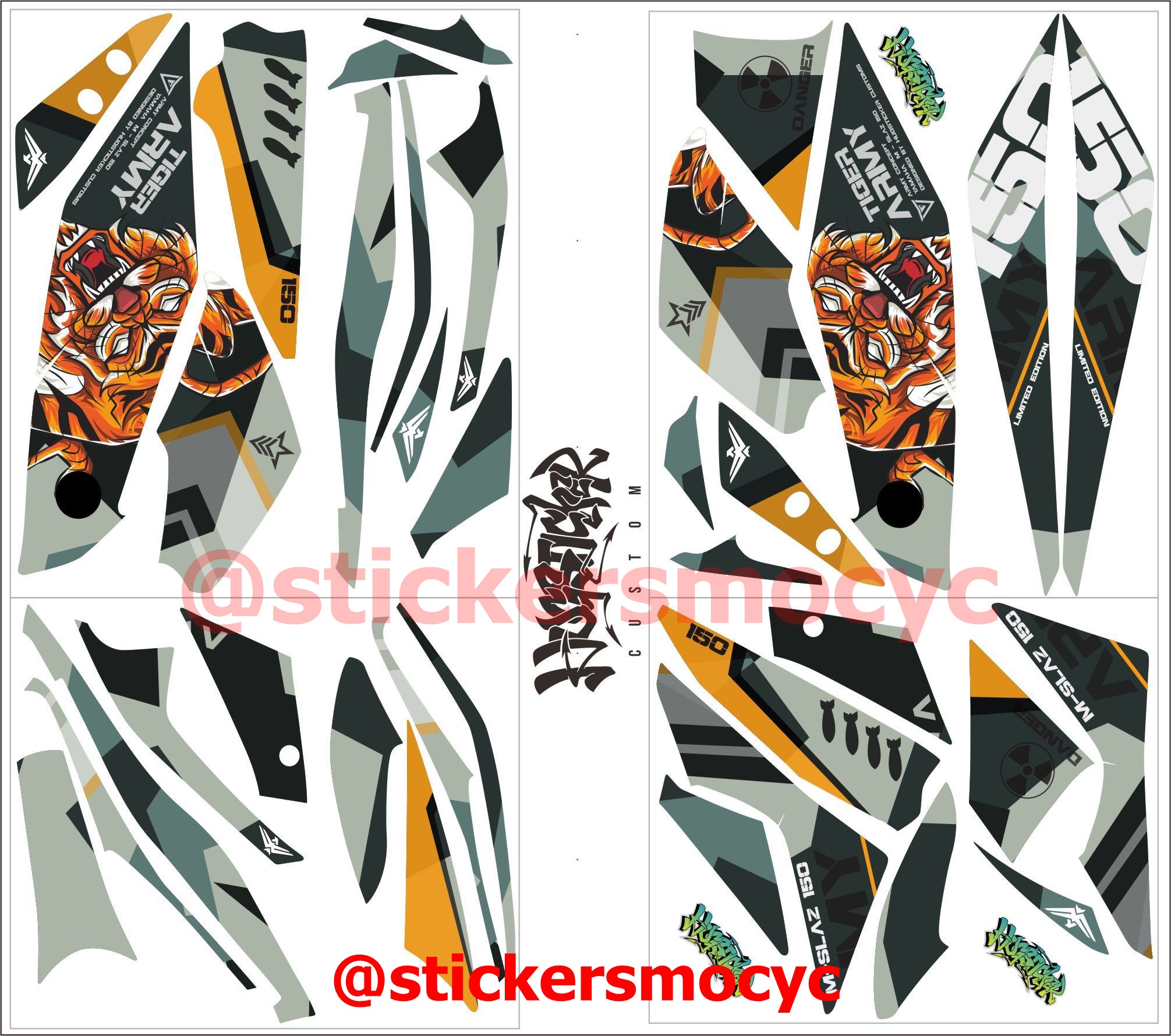 สติ๊กเกอร์ 3m M Slaz 150 สติ๊กเกอร์ เอ็มสแลซ ลาย Tiger Army ติดรถ สีดำ เคลือบใส กันรอย
