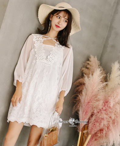 ชุดเดรสลูกไม้ซับในเกาหลีผ้าลูกไม้สีขาว
