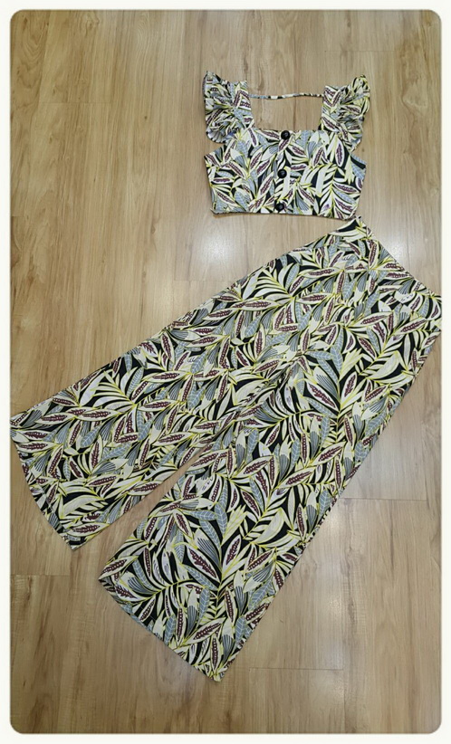 เสื้อกางเกงเกาหลีผ้าเนื้อดีพิมพ์ลายใบไม้