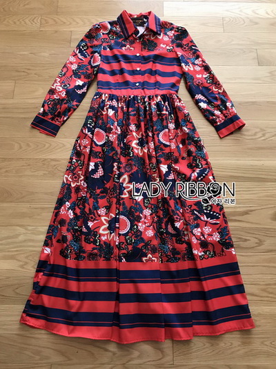 เชิ้ตเดรสพิมพ์ลายดอกไม้สลับลายทาง