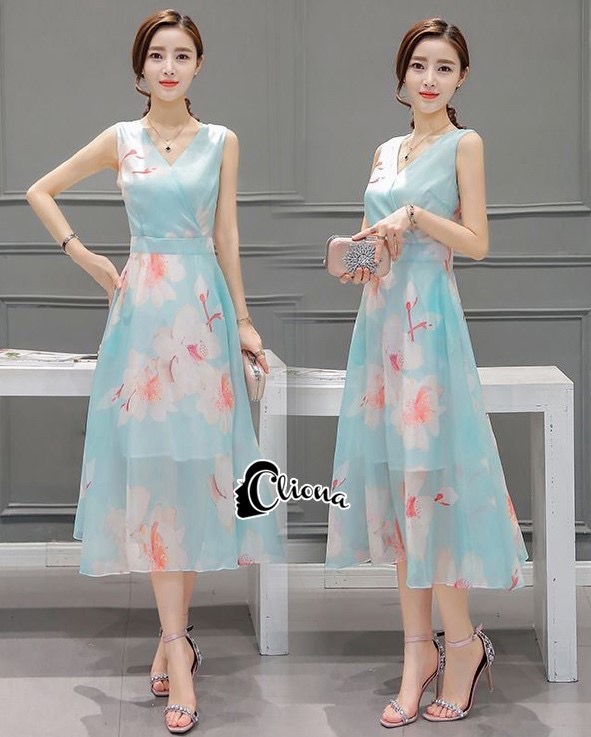 CN11010916 Cliona Made' Pastel Blue Pinky Floral Dress - เดรสแขนกุดสีเขียวพาสเทล