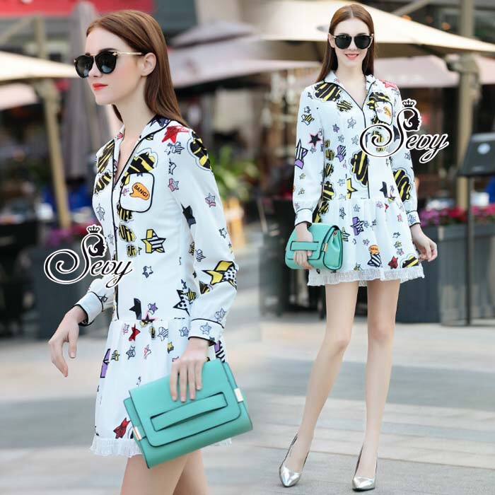 Sevy Star Shining Day Collar Long Sleeve Mini Dress