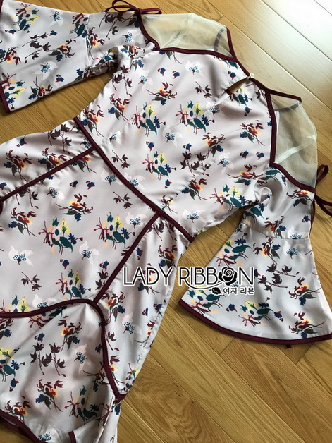 เดรสผ้าเครปพิมพ์ลายดอกไม้ตกแต่งริบบิ้น