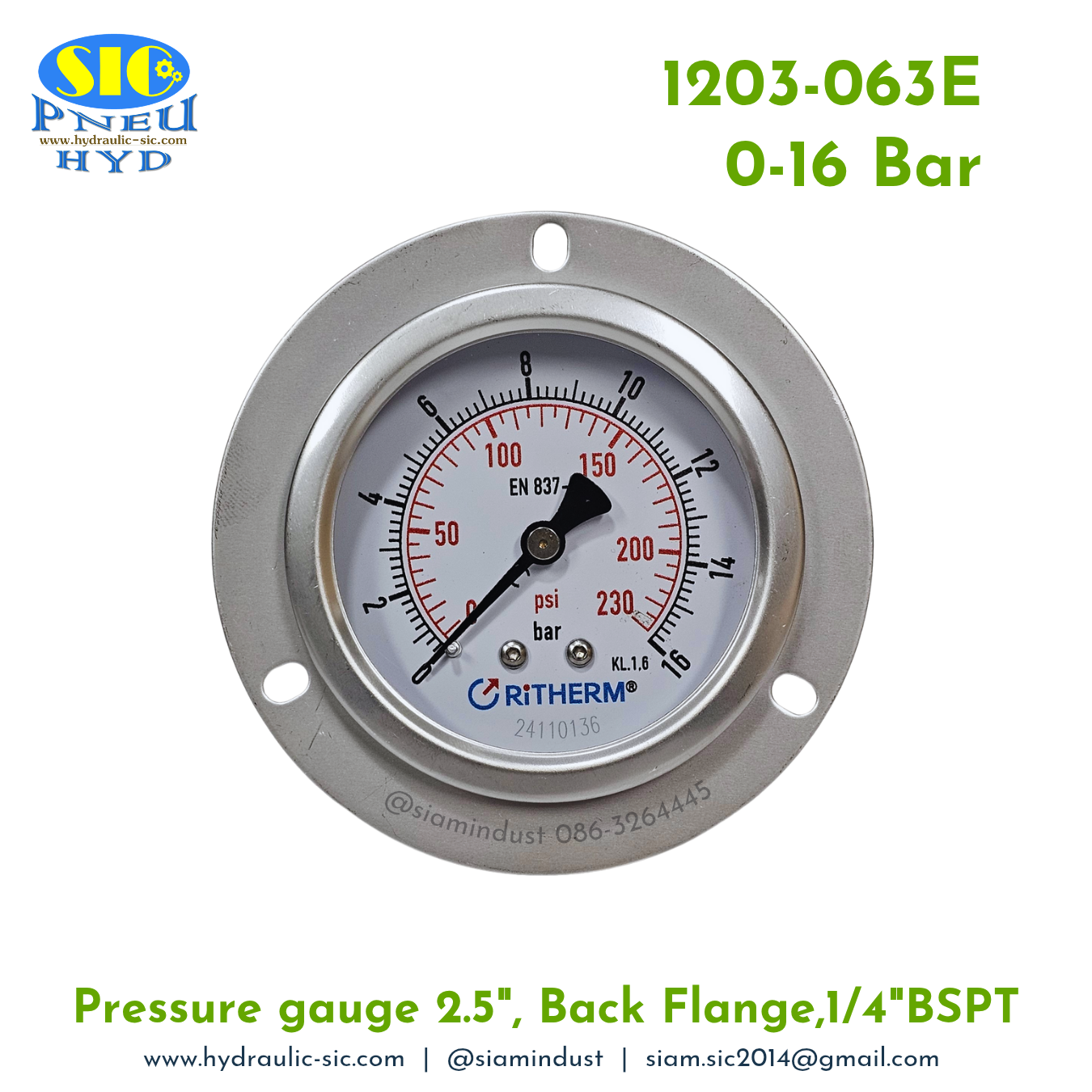 1203-063E Pressure Gauge เกจวัดแรงดันหน้าปัด 2.5" เกลียว 1/4" BSPT ออกหลัง RiTHERM