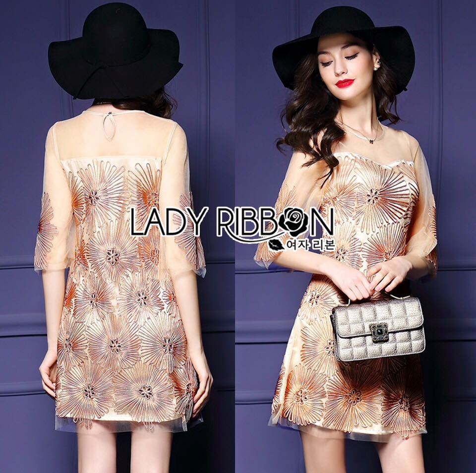 Lady Ribbon ออนไลน์ LR09090516 🎀 Lady Ribbon's Made 🎀 Lady Rebecca Floral Blossom Embroidered Nude Organza