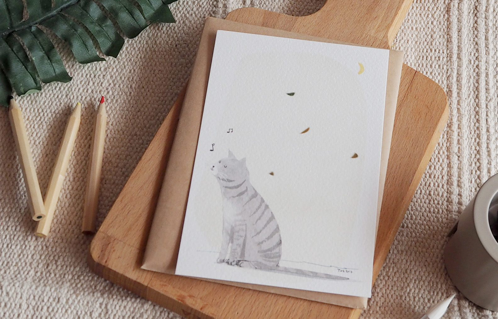 โปสการ์ด ลายแมวพระจันทร์ Moon cat illustration postcard 4x6 inch