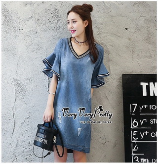 Lady Ribbon Online ขายส่งเสื้อผ้าออนไลน์ Very very pretty เสื้อผ้า VP04100816 Chic Denim Flared sleeves Dress