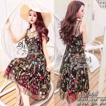 Lady Ribbon ออนไลน์ เสื้อผ้าออนไลน์ พร้อมส่งของแท้ ST15130716 🍀สินค้าพร้อมส่ง🍀 한국에 의해 설계된 2Sister Made, Black Forest Premium with Fancy-Color-Flora Dress
