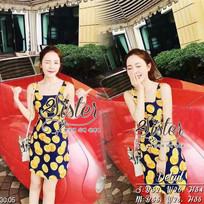 Lady Ribbon Online Sister ST06290516 🍀สินค้าพร้อมส่ง🍀 한국에 의해 설계된 2Sister Made, Sweet Lovely Orange Print Summer Dress