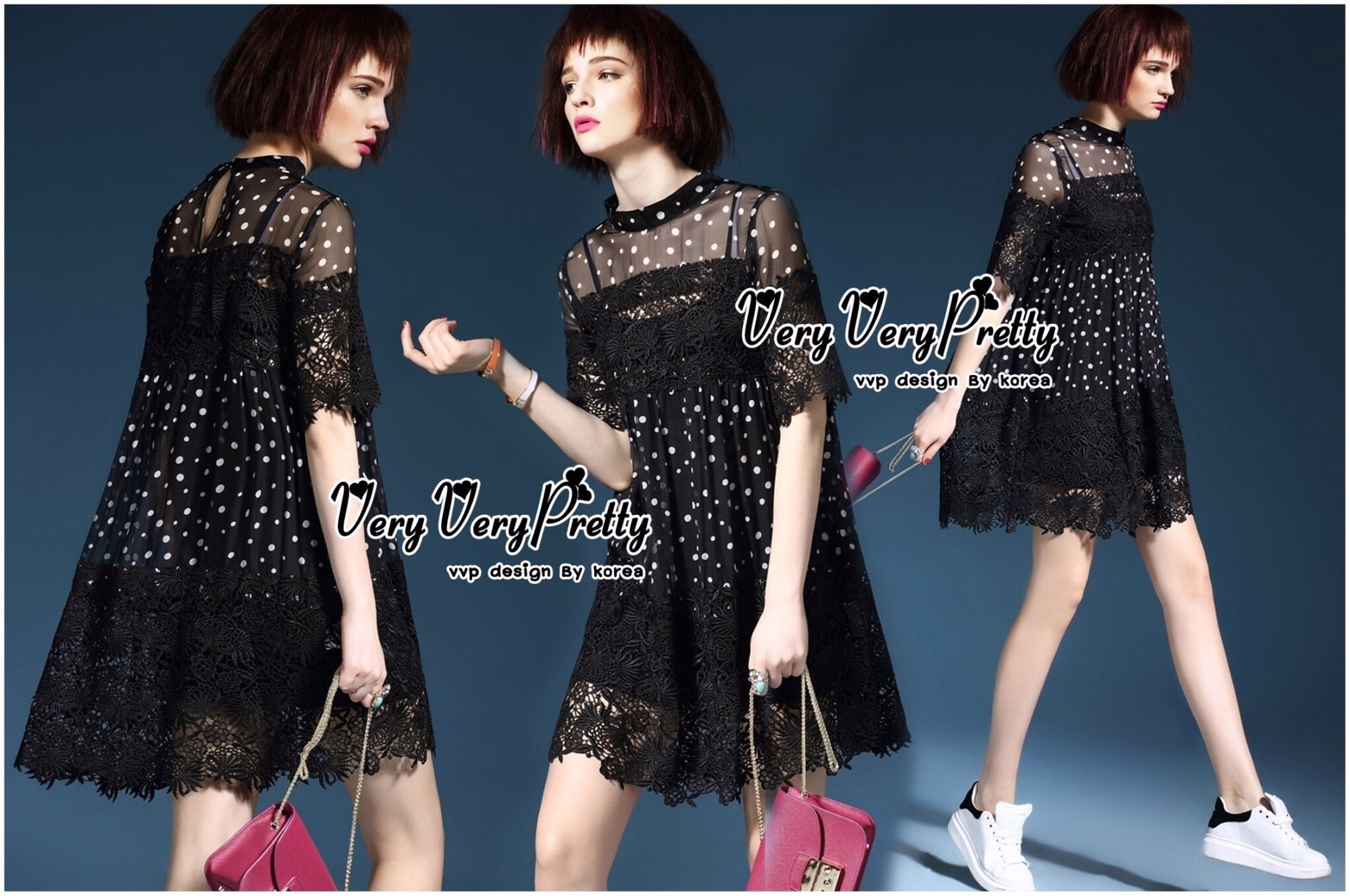 Lady Ribbon Online เสื้อผ้าออนไลน์ ขายส่ง VP05110716 Polka Dots Chiffon mix Lace MiNi Dress