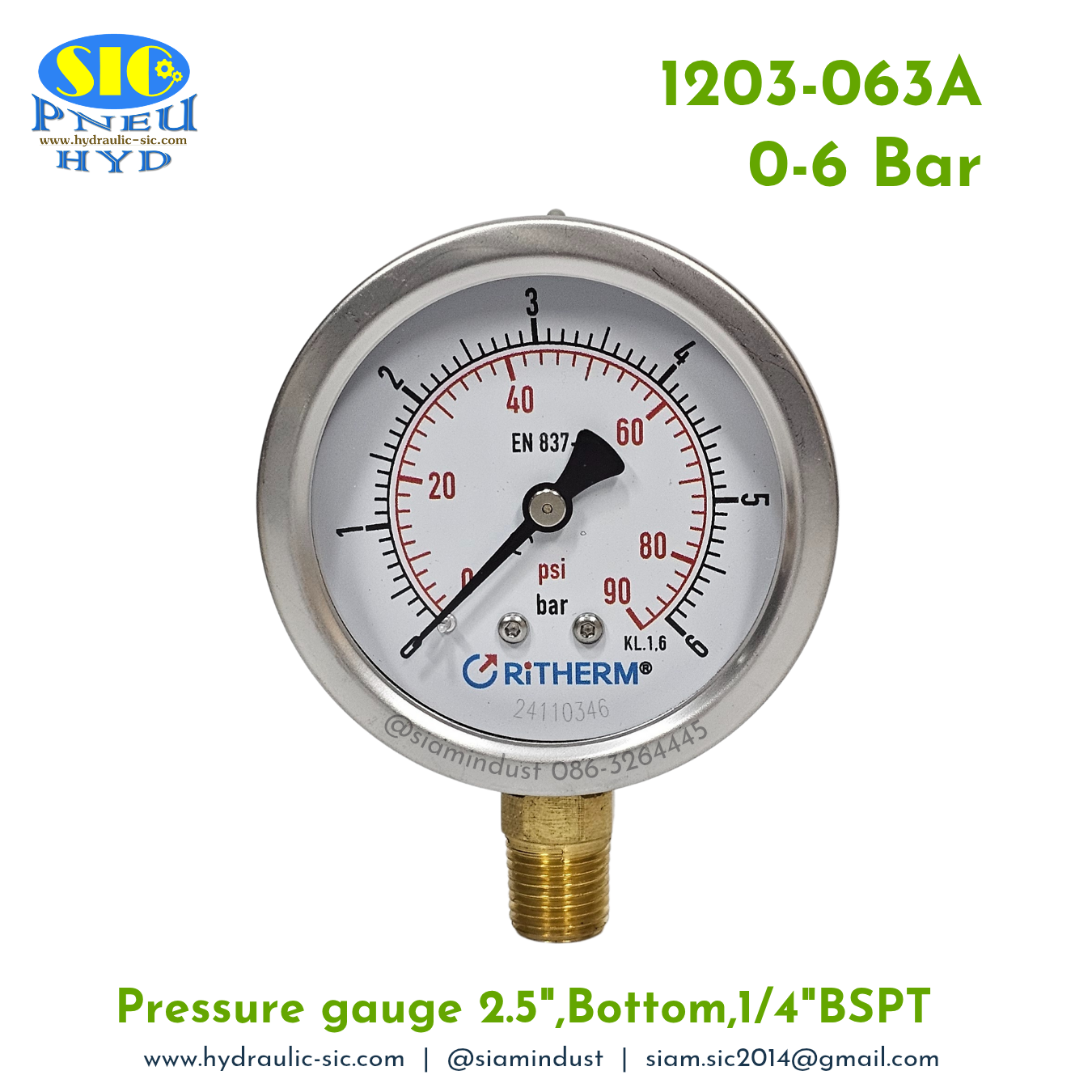 1203-063A Pressure Gauge เกจวัดแรงดันหน้าปัด 2.5" เกลียว 1/4"BSPT ออกข้าง RiTHERM