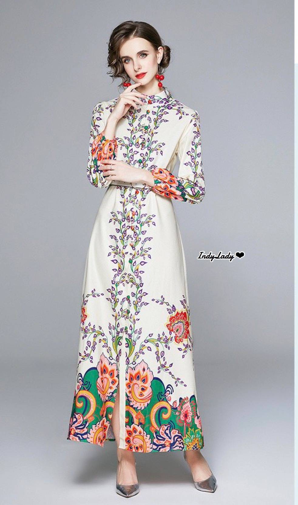 Maxi Dress กระดุมหน้าแขนยาว