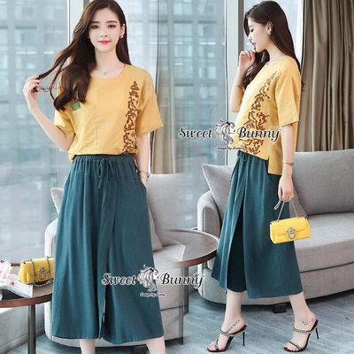 เสื้อกางเกงเกาหลีเสื้อผ้าทอสีเหลือง