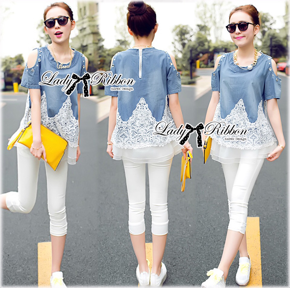 Lady Ribbon's Made Lady Carrey Crystal Embellished Cut-Out Shoulder Insert Lace Denim Set เซ็ตเสื้อยีนส์แขนสั้นคัทเอาท์ไหล่ตกแต่งคริสตัล พร้อมส่ง