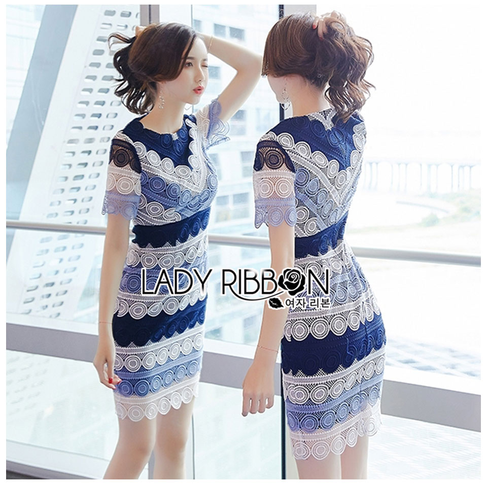 Lady Liza Polka Scallop Lace Dress เดรสผ้าลูกไม้ลายวงกลมสีฟ้า-นํ้าเงิน ลุคนี้สาวที่ชอบลูกไม้ลายแปลกๆห้ามพลาด ลูกไม้ทอลาย