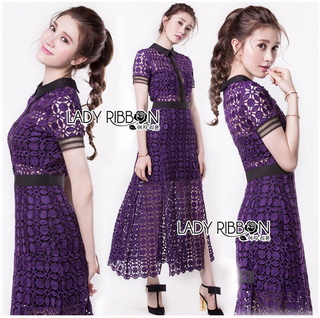 Lady Ribbon Online ขายส่งเสื้อผ้าออนไลน์ Lady Ribbon พร้อมส่ง LR10040816 🎀 Lady Ribbon's Made 🎀 Self-Portrait Scallop Edged Midi Dress in Burgundy