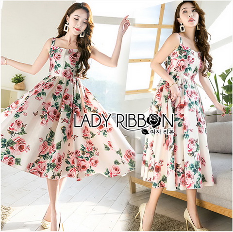 Dress เดรสผ้าเครปพิมพ์ลายดอกกุหลาบบาน