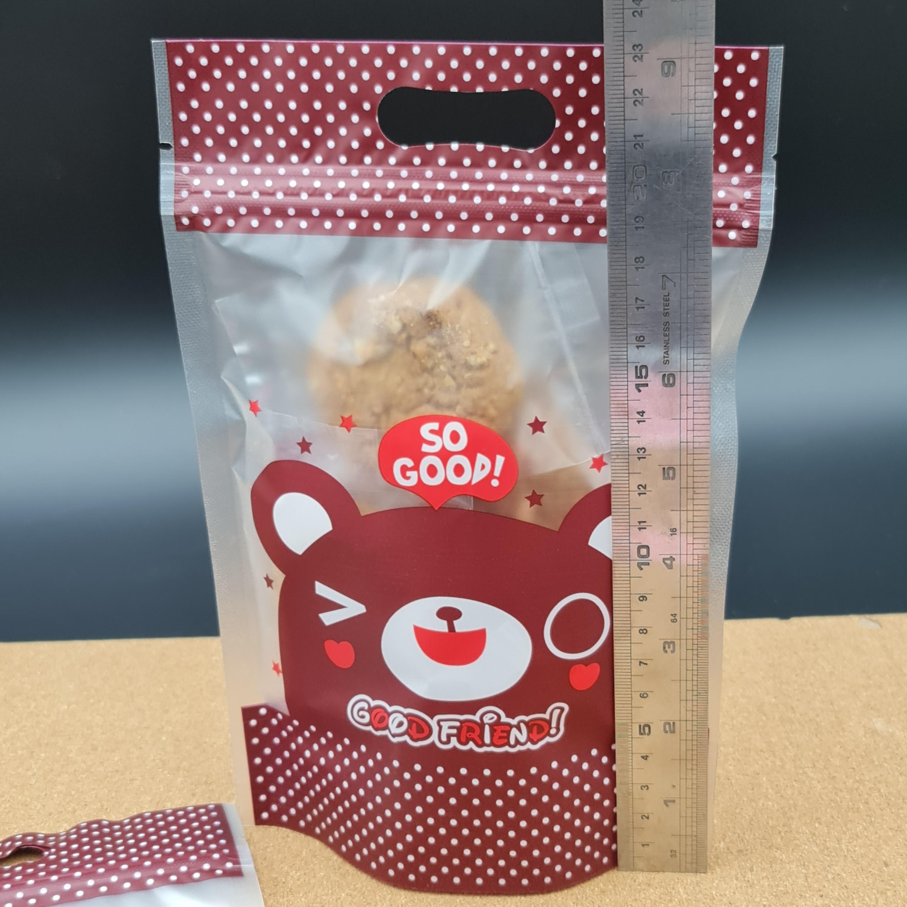 ถุงซิป มีหูหิ้ว ตั้งได้ หมีน้ำตาล ขนาด15×23+ก้นถุง5.5cm. 50ใบ/แพ็ค 20ใบ/แพ็ค บรรจุภัณฑ์ เบเกอรี่ j12