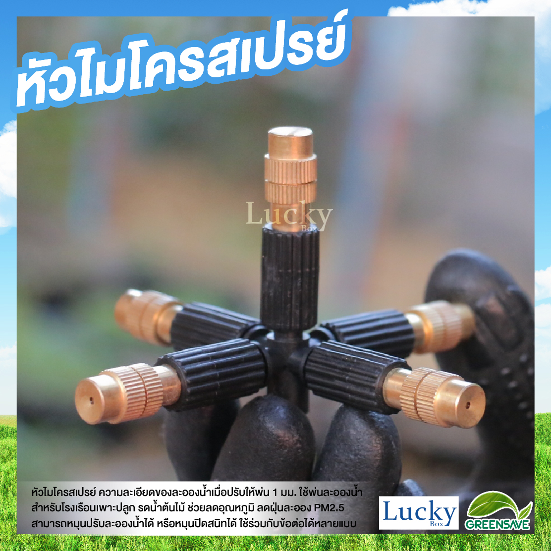 หัวไมโครสเปรย์ ทองเหลือง 5 ทาง ความละเอียด 1 มม. พร้อมหัวต่อตรงเกลียวใน ขนาด 4 หุน และ 6 หุน (แพ็ค 20 ชิ้น)