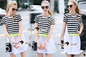 Lady Ribbon Online ขายส่งเสื้อผ้าออนไลน์พร้อมส่งของแท้ SS19220716 Seoul Secret Say's .... Birdy Stick Stripe Chic Dress