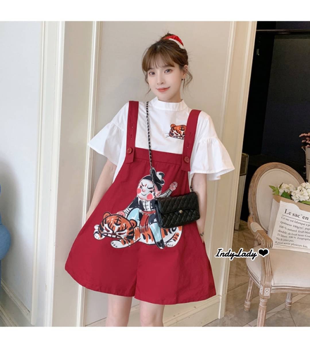 เสื้อเดรสเอี๊ยมตัวเสื้อแขนสั้นชายบาน
