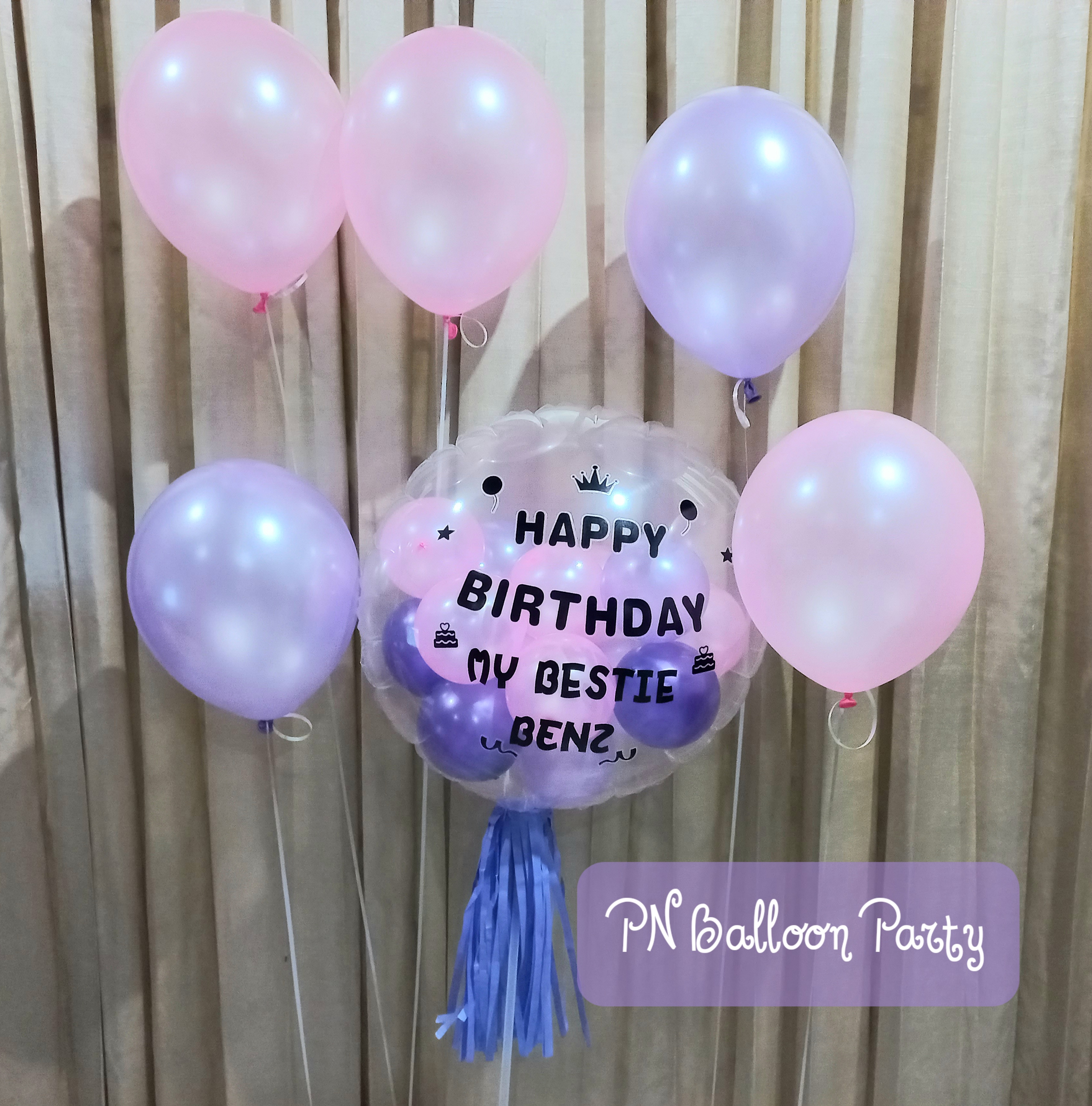 Set ลูกโป่งบับเบิ้ลจีน Happy Birthday แบบเป่าลมใส่ก้านถือ+พู่กระดาษ