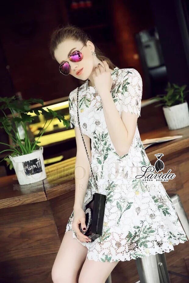 Lady Ribbon Online Lavida LV10090616 🍭Korea Design By Lavida noble green leaf printing luxury lace dress
