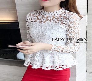 Lady Ribbon Julia White Flower Embroidered Lace Peplum Blouse