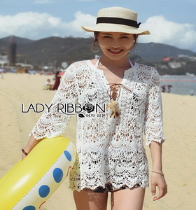 Summer Style White Crochet Dress Lady Ribbon เดรสผ้าถักโครเชต์