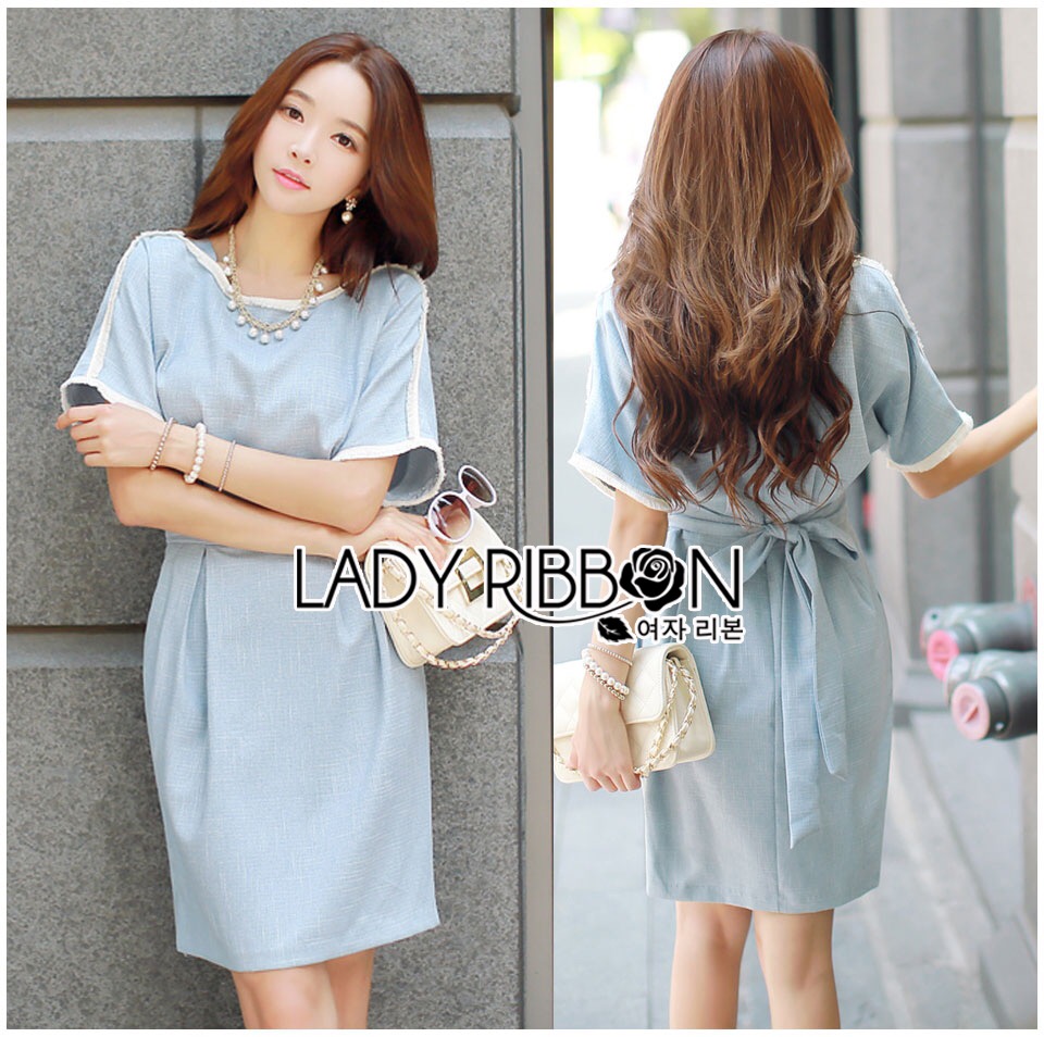 ladyribbon Lady Ribbon เสื้อผ้าพร้อมส่ง เสื้อผ้า Lady Ribbon พร้อมส่ง เลดี้ริบบอน Lady Ribbon's Made 🎀 ady Monique Minimal Smart Casual Cotton Dress in Baby Blue