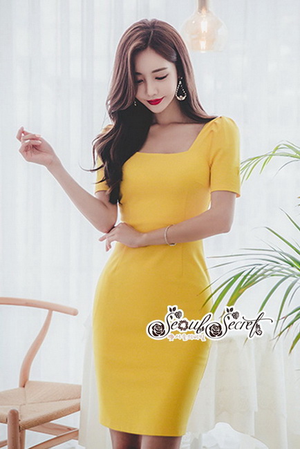 เดรสลุคสาวเกาหลี เนื้อผ้าสเปนเดกดีเทลทรงคอเหลี่ยม