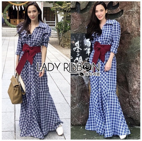 Dress with Red Ribbon เชิ้ตเดรสยาวลายสก็อตสีนํ้าเงิน