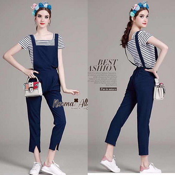 Lady Ribbon ขายส่งเสื้อผ้าออนไลน์พร้อมส่งของแท้ NA02220716 🎉Normal Ally Present striped top and bib long pant 🎉 (เสื้อ+ เอี้ยม)