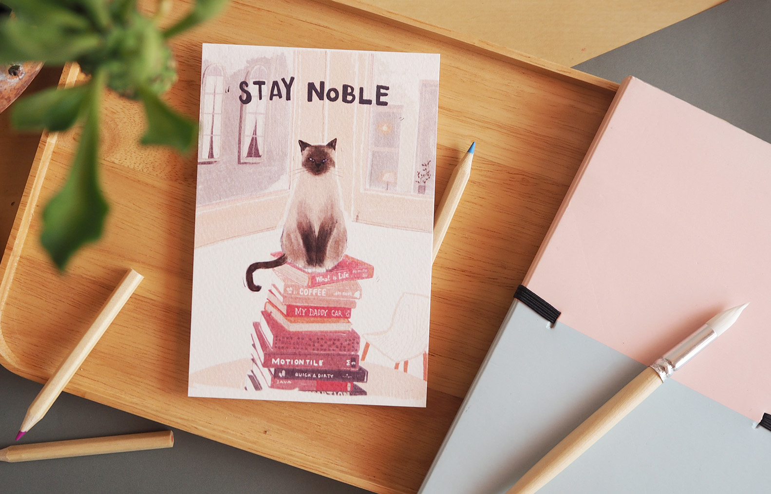 โปสการด์ ลายแมวหนังสือ Stay Noble illustration postcard 4x6 inch