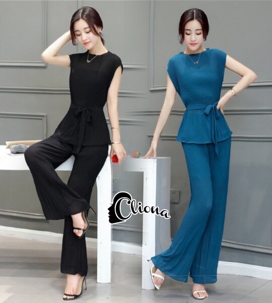 CN04010916 Cliona Made' Luxury Top + Pant Set - เซ็ตเสื้อคอกลม+กางเกงขาม้าเอวยางยืด