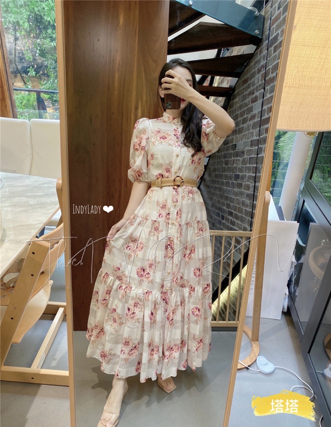 Dress ยาวแขนสั้น พิมพ์ลาย