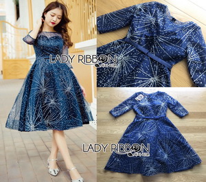 Lady Ribbon Navy Blue Tulle Evening Gown