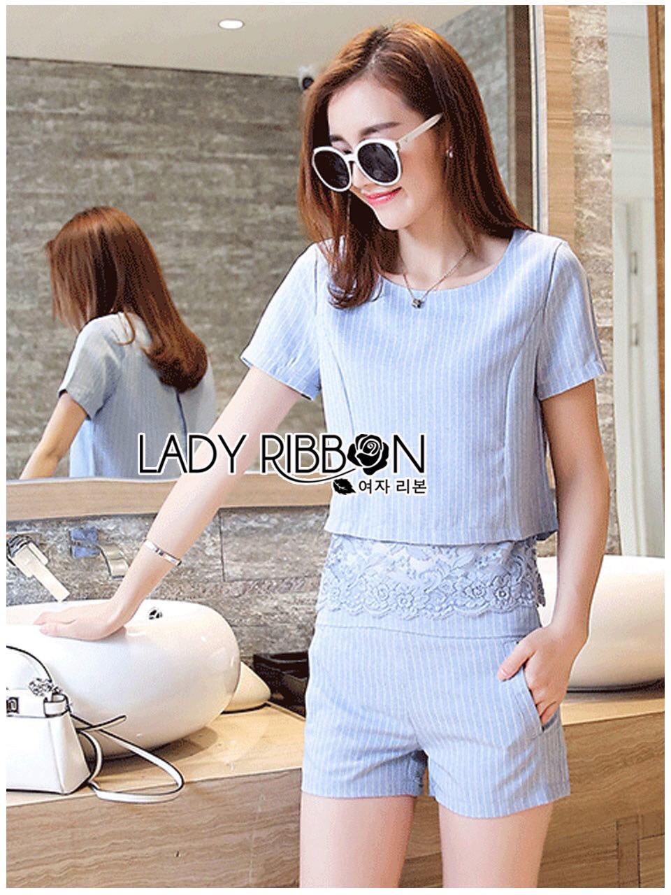 Lady Ribbon Online เสื้อผ้า ออนไลน์ ขายส่ง LR18230616 🎀 Lady Ribbon's Made 🎀 Lady Stephanie Sweet Minimal Striped Cotton Cropped Top with Lace Trim and Pants