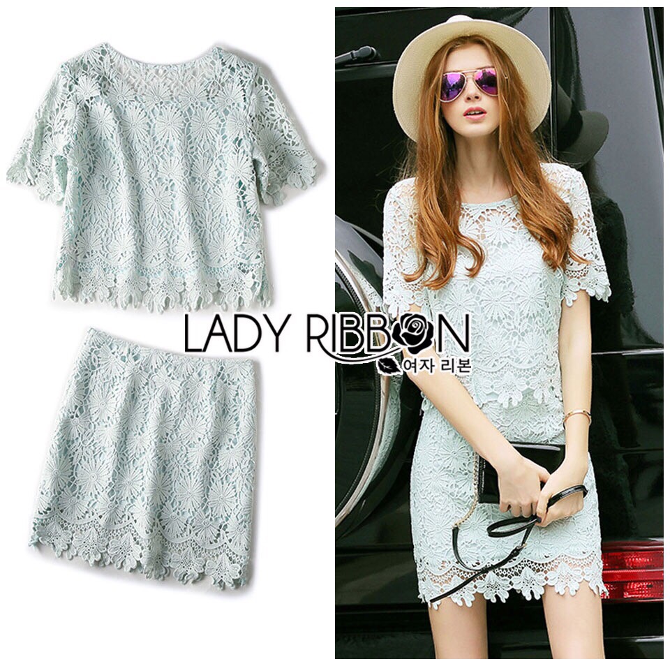 เสื้อผ้า Lady Ribbon Online LR02130616 🎀 Lady Ribbon's Made 🎀 Lady Jane Sweet Feminine Minty Lace Set