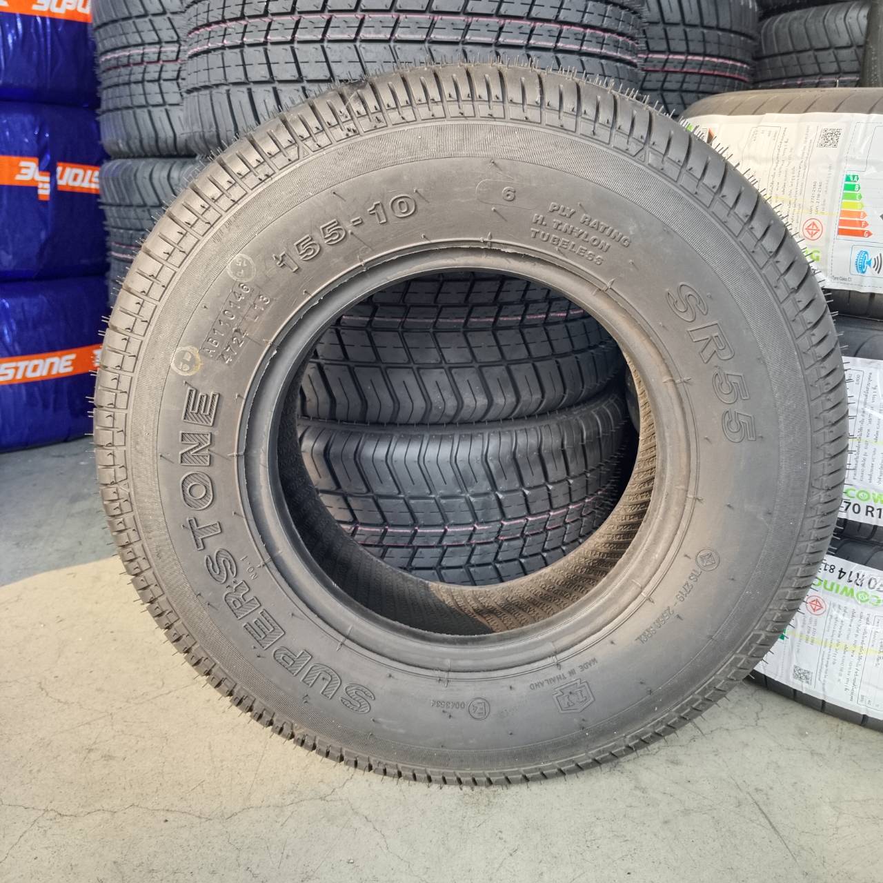 ยางรถตุ๊กๆ ยางรถพ่วงข้าง ยางรถกะป้อ ขนาด 155-10 รุ่น SR55 6PR ชนิด TL ยี่ห้อ SUPERSTONE