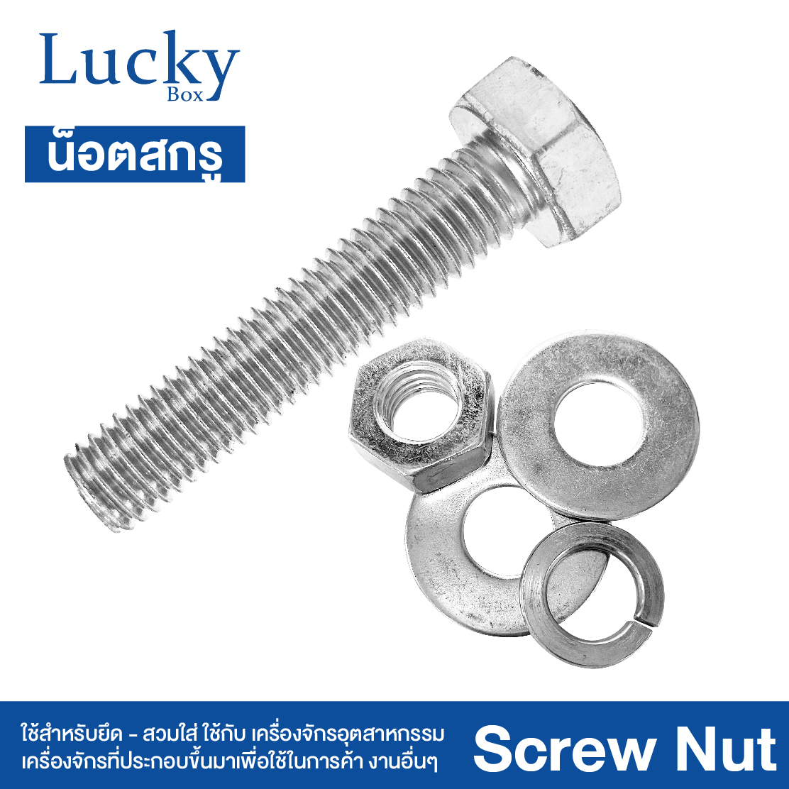 น็อต+สกรู+2แหวน SCREW NUT ขนาด 5/8x3" (5 หุน ยาว 3 นิ้ว)