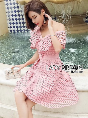🎀 Lady Ribbon's Made 🎀 Lady Carlie Off-Shoulder Button-Down Bubblegum Pink Lace Dress