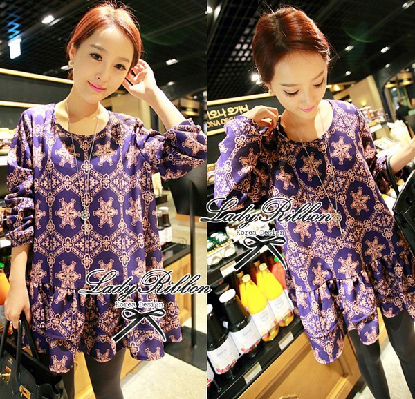 Lady Ribbon's Made Lady Prima Donna Elegant Printed Dresse เดรสแขนยาวพิมพ์ลายสไตล์สาวอิตาเลียน ทรงชุดเป็นแบบระบายช่วงปลายกระโปรง